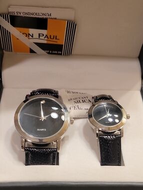 John Paul His And HersBlack Leather Strap Quartz Watch Set for Men